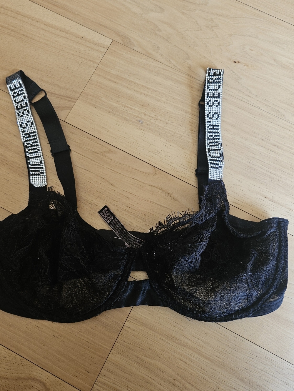 Victoria's Secret Black Lace Underwire Bra with Rhinestone Logo Straps